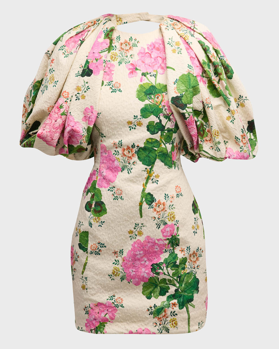 Geranium Wallpaper-Print Puff-Sleeve Cloque Mini Dress
